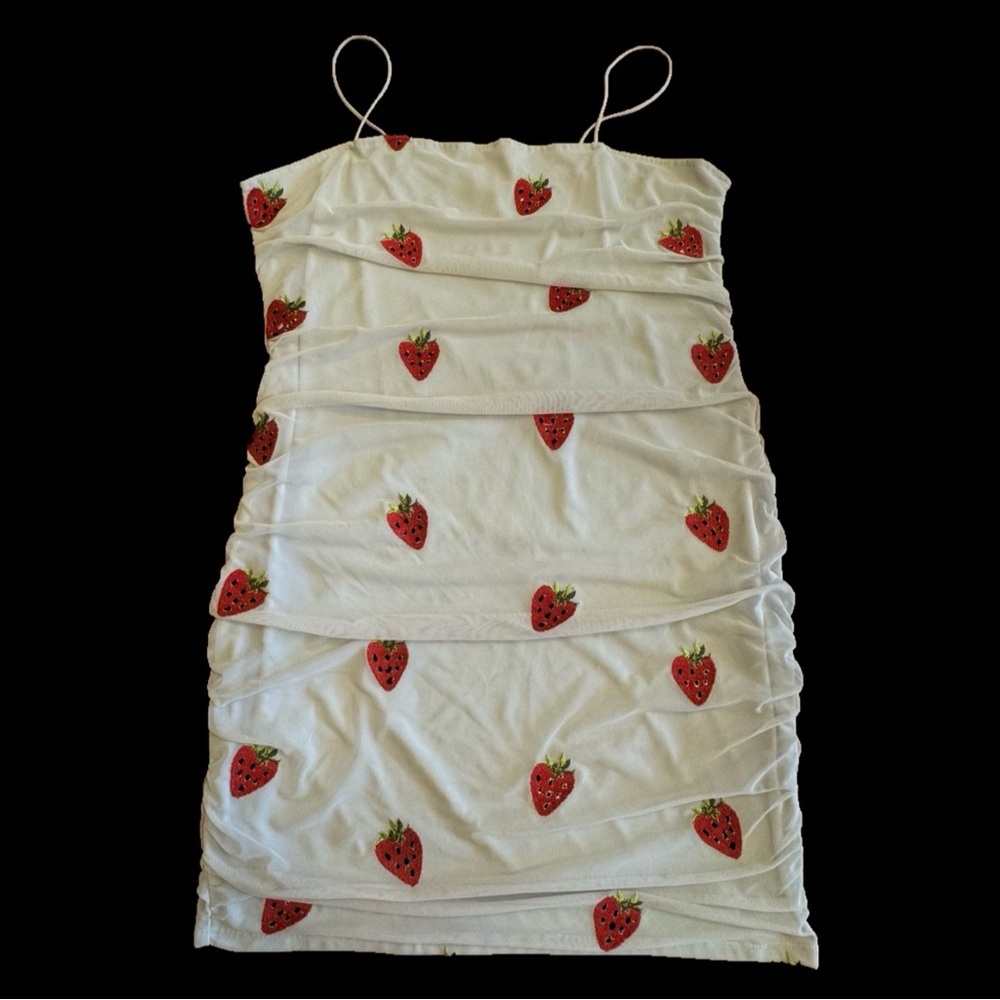 Strawberry Print Light Blue Mini Dress with Spaghetti Straps - Size 3X